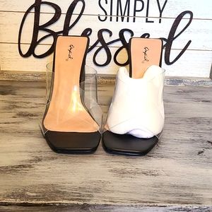 Brand New Black heels. Square toe, Double Criss Cross Bands. Size 9. Qupid Brand